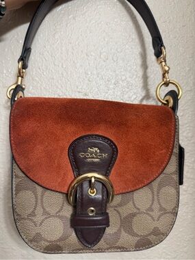 Coach Suede Flap Signature Canvas Saddle Bag in Rust and Tan